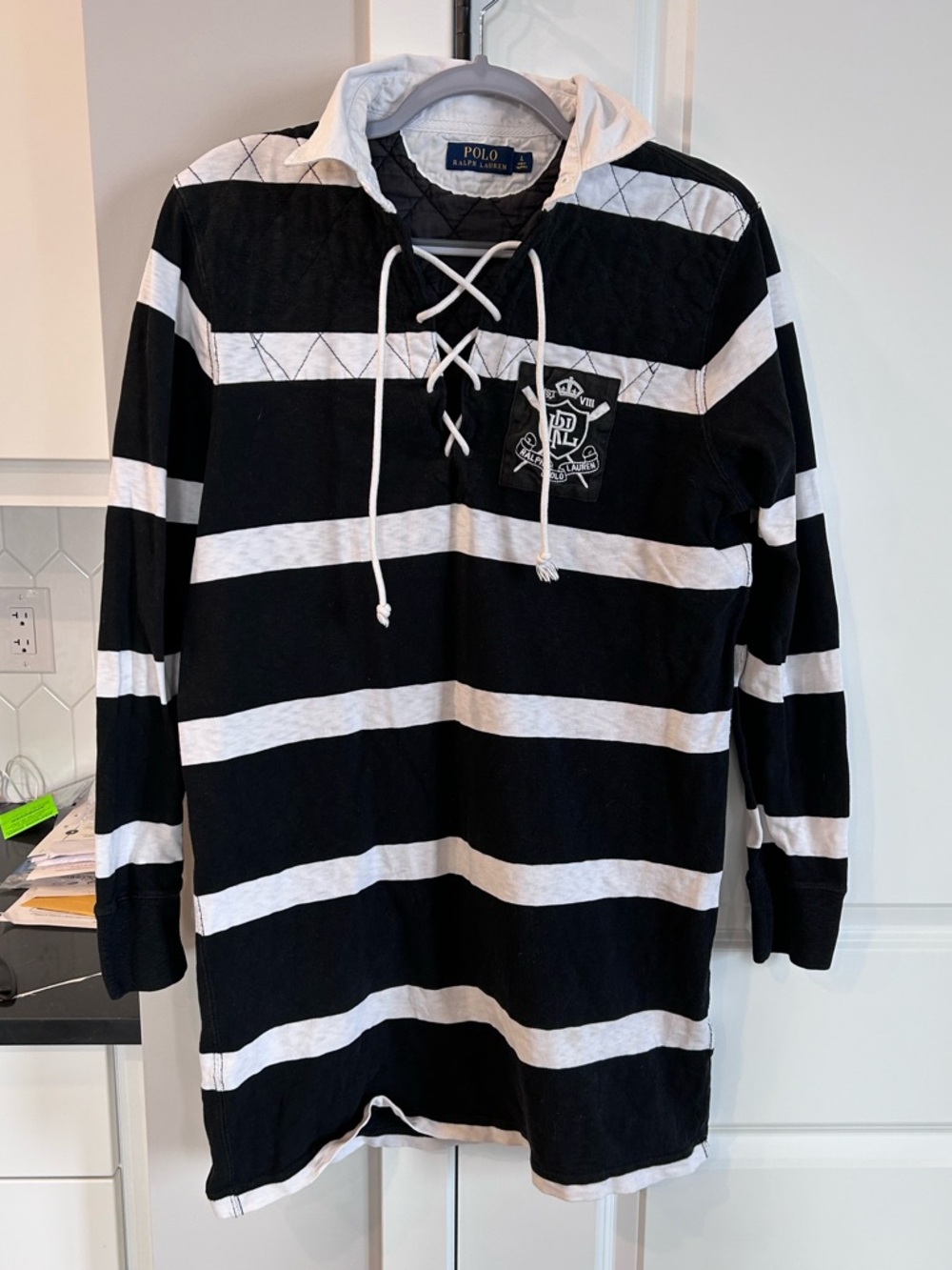 Polo Ralph Lauren Striped Rugby Shirt Lace Up Long Sleeve Black White Tunic Top